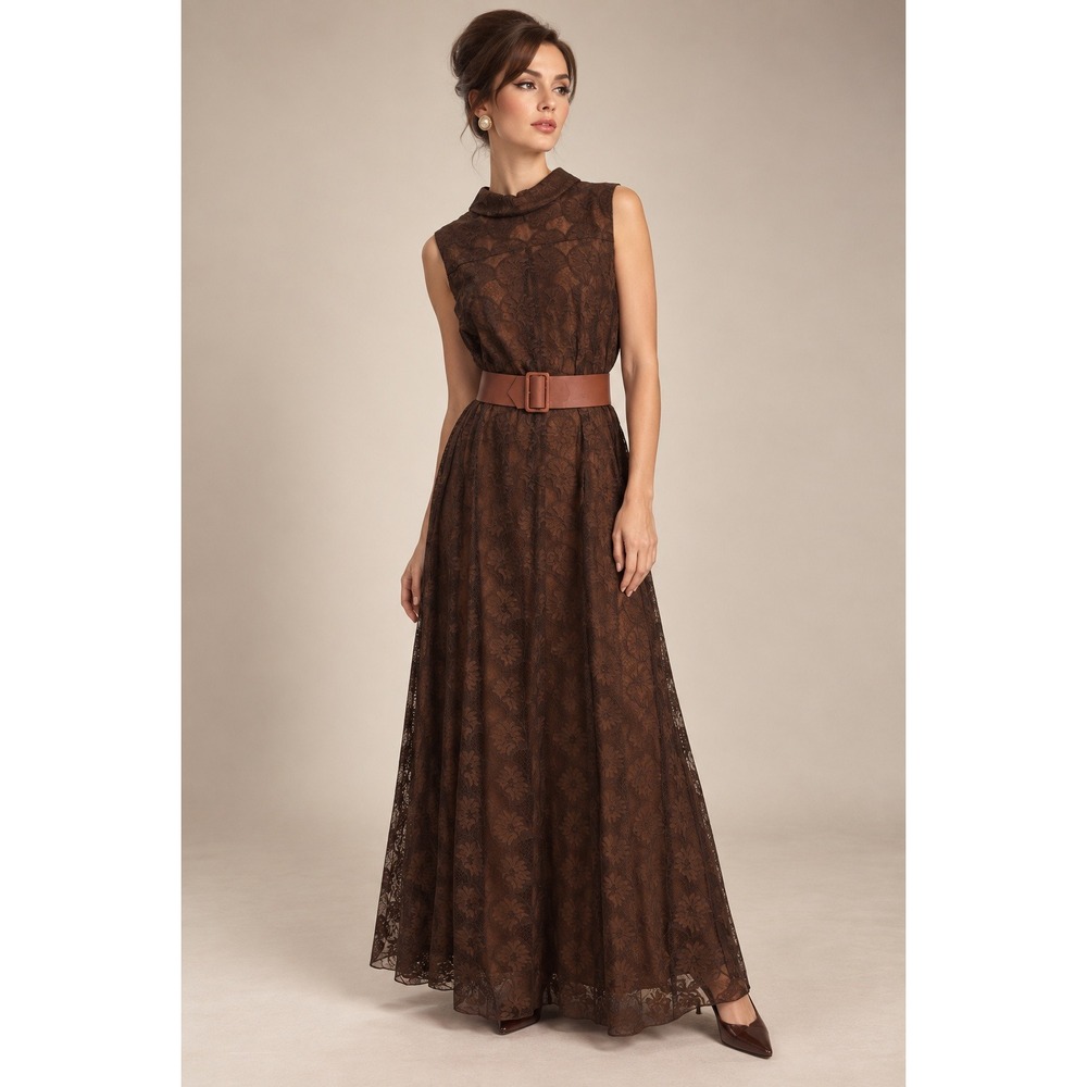 Johnnye Lace Gown Women M Brown Vtg 60s Sleeveless Maxi Belted Mod High neck